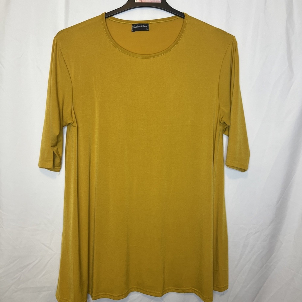 Southern Charm Womens Size XL‎ Gold  ¾ Sleeve Blouse Tunic Stretch Flowy